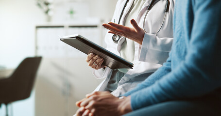 Hands, doctor and patient with tablet, consultation and conversation with feedback for diagnosis....