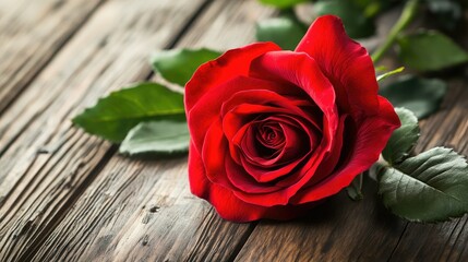 Close-up of a fresh red rose with velvety petals resting on a dark wooden table, illuminated by soft, moody lighting for a dramatic effect.