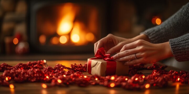 Cozy Holiday Gift Wrapping Warm Festive Ambiance for Christmas, Hanukkah, and Thanksgiving - Powered by Adobe