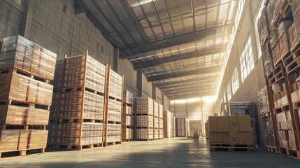 An industrial warehouse with tall stacks of cargo pallets and boxes ready for shipment. 