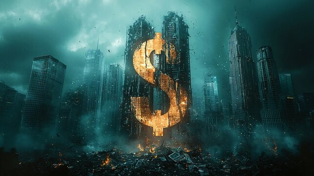 Fallen Skyscraper Shaped Like a Dollar Sign Symbolizing Financial Collapse