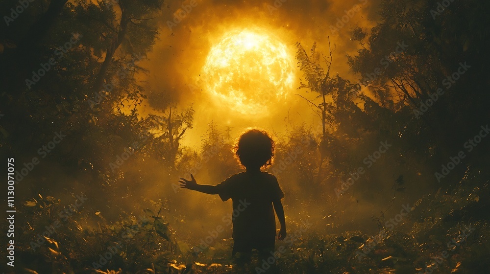 Poster child reaching towards glowing orb in mysterious forest with whispering trees