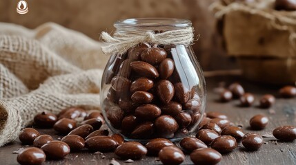 Glass Jar Filled with Chocolate Almonds on Rustic Wooden Table