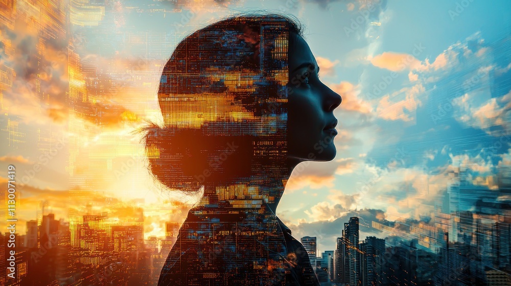 Poster forward thinking concept represented through visuals of a person looking ahead with determination an