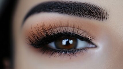 Obraz premium Close-up of long, voluminous lashes coated in rich mascara, with a soft-focus effect in the background.