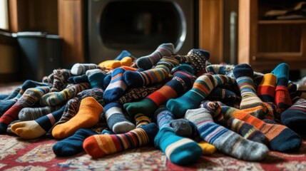 Colorful Pile of Mismatched Socks in Cozy Indoor Setting