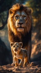 Fototapeta premium Lion and cub standing together in a natural habitat during golden hour light