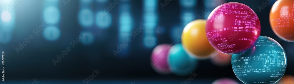 Aufkleber Floating vibrant neon bowling balls reflecting a digital binary background front view digital binary as object complementary color scheme