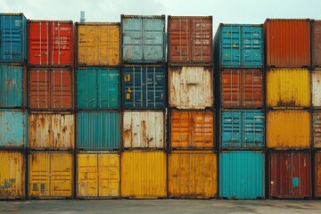Fototapeta premium Stack of colorful shipping containers at port. Illustrates global trade, logistics, and shipping.