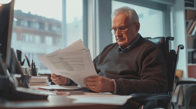 A senior man in a wheelchair auditing financial reports in a European accounting office - Powered by Adobe