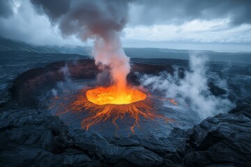 Erupting volcano spews lava and ash under a dramatic sky in a remote location