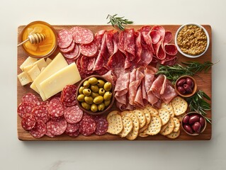 A charcuterie board featuring various meats, cheeses, olives, crackers, honey, and mustard.
