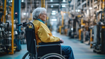 Obraz premium A senior woman in a wheelchair monitoring safety protocols in an Australian industrial plant