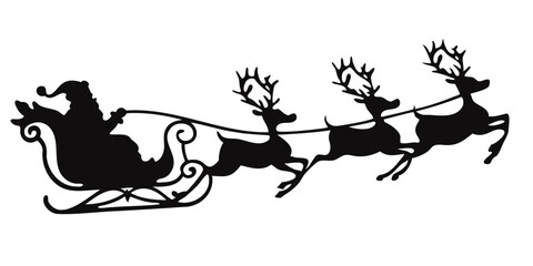 Fototapeta premium Santa Claus in a sleigh with reindeer pulling is depicted silhouette vector illustration isolated on a transparent background