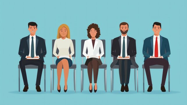 Group interview setup featuring a panel of interviewers asking questions to several candidates in a formal setting