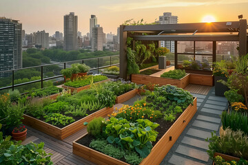 Fototapeta premium An urban rooftop garden in a large city during sunset, showcasing a variety of plants and a modern pergola design