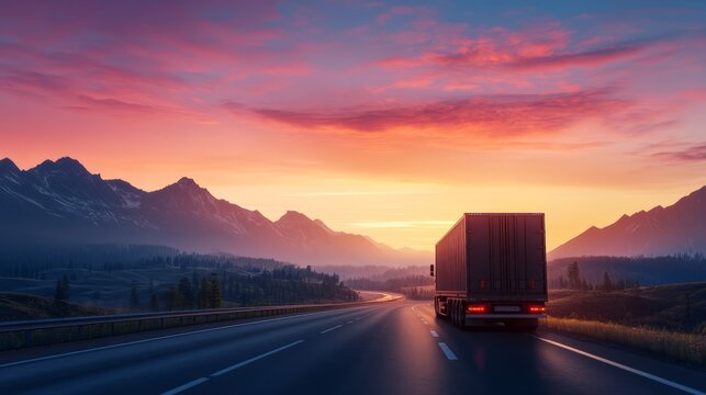 A lorry transporting cargo on a highway at dawn, with mountains in the background.