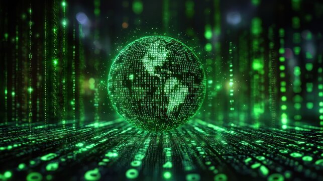 Spinning Globe of Green Binary Code Illuminated by Neon Lights Representing Global Connectivity and Technology - Powered by Adobe