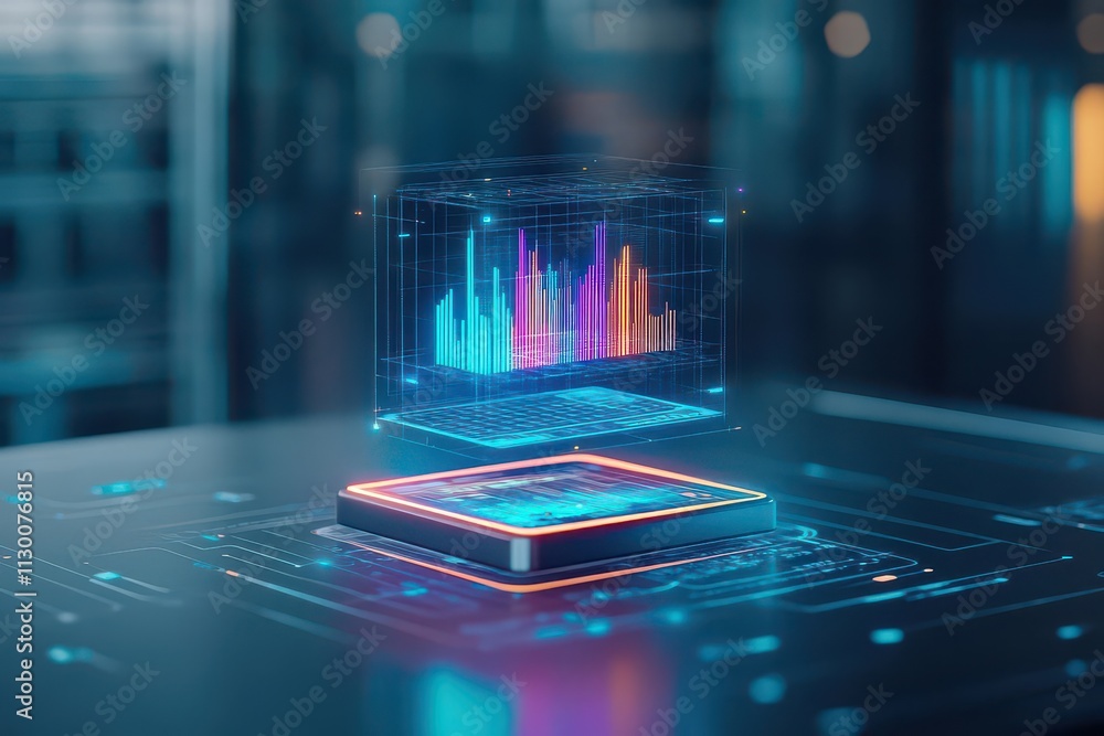 Aufkleber immersive hologram of customer demographics floating in a sleek tech workspace