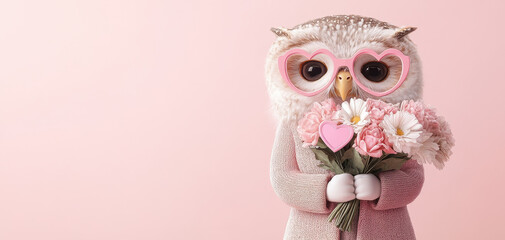 Fototapeta premium Adorable owl heart shaped glasses holding bouquet of flowers, cheerful expression pastel