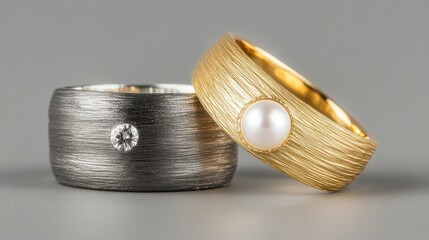 Fototapeta premium Elegant Silver and Gold Rings with Pearl and Diamond Accents
