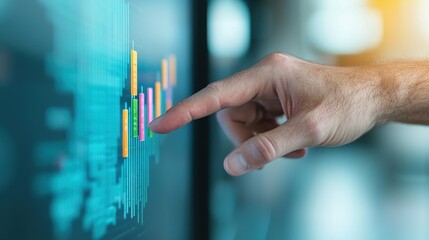 Data Visualization and Analytics Person interacting with a touchscreen displaying global data visualizations, representing data analysis and decision making based on global insights.