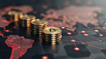 Bitcoin Coins stacked on a world map with digital connections illustrating global finance.