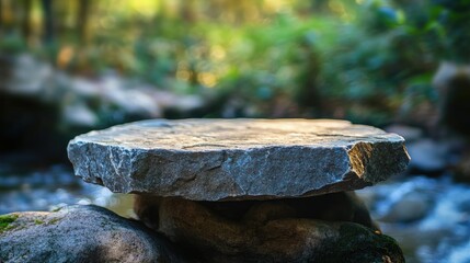 Obraz premium Stone pedestal on a rock base, perfect for showcasing products, with a blurred forest and natural light illuminating the scene.