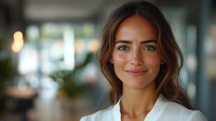 Confident businesswoman smiling, in front of a bright white office environment, soft-focus desk area behind, warm, inviting light, professional yet friendly setting.