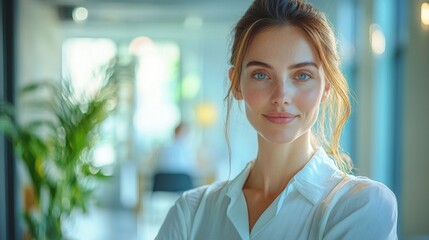 Confident businesswoman relaxed, minimal white office, blurred workspace with engaged employees, natural light, welcoming setting.
