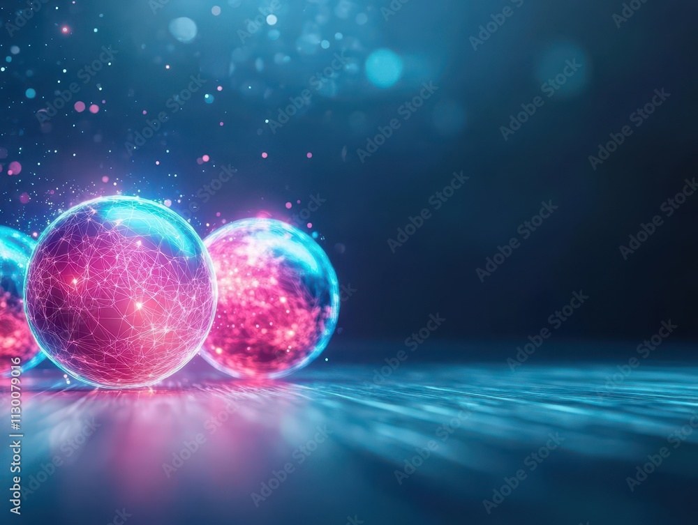Poster neoninfused bowling balls transforming into glowing energy orbs midroll side view scifi tone triadic