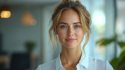 Happy businesswoman in front of office, bright white background, soft-focus employees discussing ideas, cheerful lighting, motivating atmosphere.