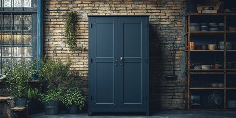 Dark blue cupboard against brick wall with plants and shelves.