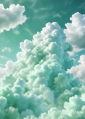 Fototapeta premium Whimsical watercolor design featuring mint green shades and fluffy clouds, clouds, design, whimsical, watercolor