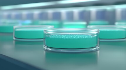 A series of glass petri dishes filled with a turquoise liquid, arranged on a lab table, emphasizing a scientific and experimental setting.