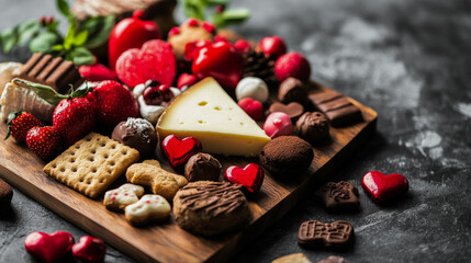 Romantic picnic set up with mixed food on plate on Saint Valentines day. Festive lunch snack served for party 