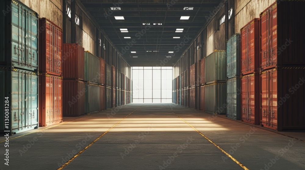 Poster an empty cargo dock with containers stacked high, waiting to be shipped.