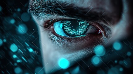 Cybernetic Eyes Futuristic character with glowing cybernetic eyes emitting data streams, symbolizing enhanced perception, data processing, and artificial intelligence.