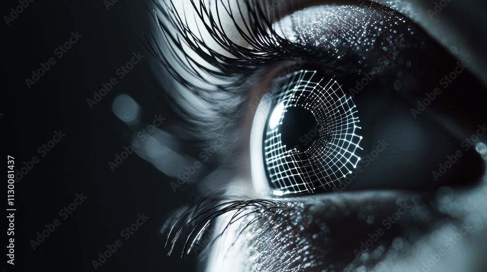 Aufkleber eye tracking technology close up of an eye with digital tracking lines and grids superimposed, illus