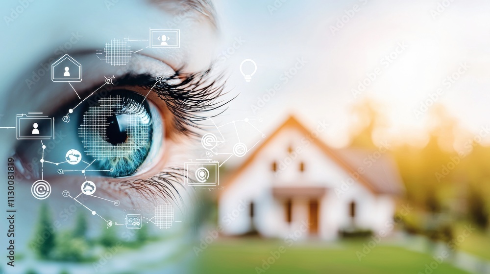 Aufkleber surveillance and security abstract representation of an eye with digital grids and security icons, s