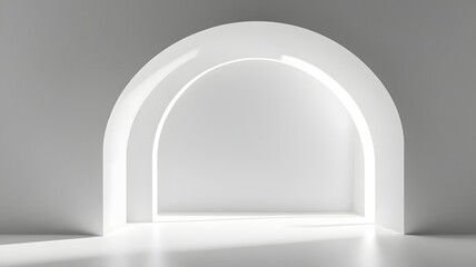 Fototapeta premium The wall background for the product, which depicts a small round price scene, next to rounded arch, minimalism, all gray and white color, sun glare