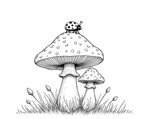 Drawing black and white : close-up of the mushroom with the ladybug on the top forest under the tree