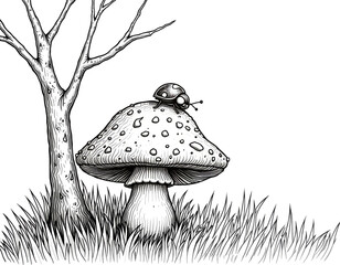 drawing black and white : close-up of the mushroom with the ladybug on the top forest under the tree