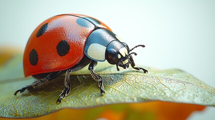 Fototapeta premium Ladybug on a Leaf: A detailed close-up of a ladybug perched on a vibrant green leaf, showcasing its intricate details and vibrant colors. Perfect for nature, spring, and insect-themed projects.