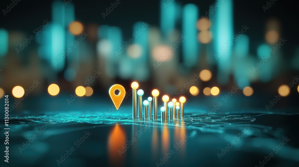Poster location pins abstract representation of a location pin with digital coordinates and data points, sy