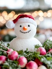 Obraz premium Festive Snowman and Carved Radishes Vibrant Market Celebration for Night of the Radishes, Christmas, and Winter Solstice