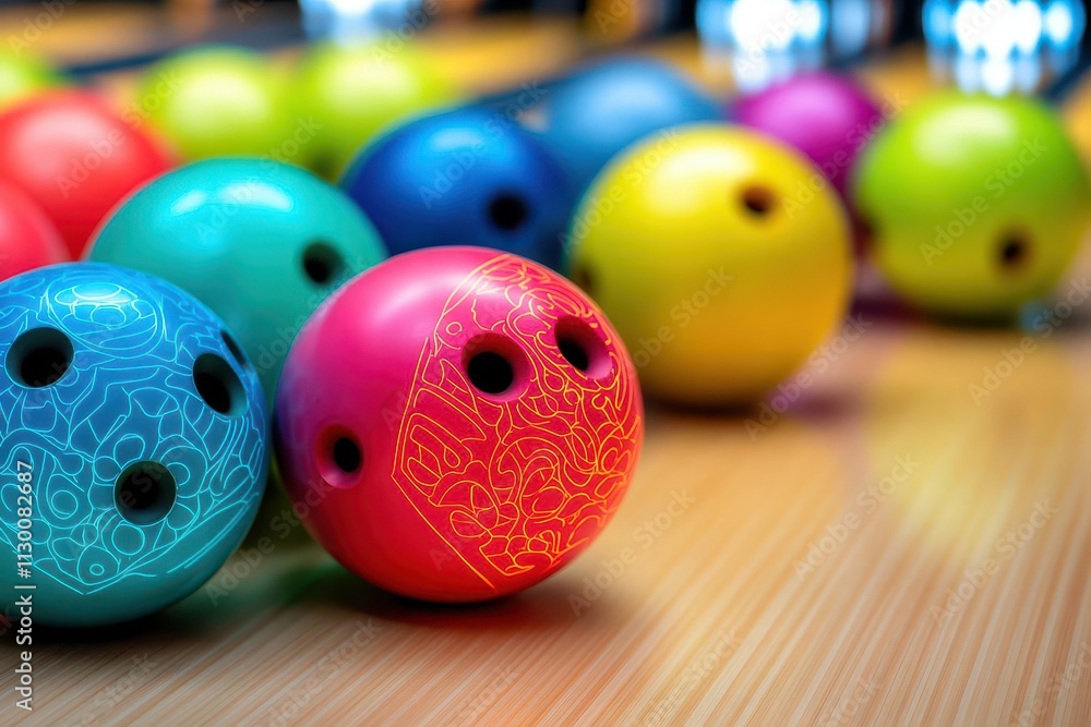 Poster rows of vibrant neon bowling balls with intricate glowing patterns, showcased in a digital gallery t