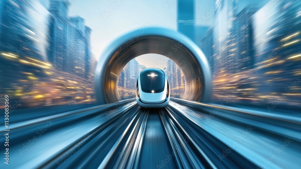 Poster hyperloop train travelling at high speed through a tunnel external view of a hyperloop train emergin
