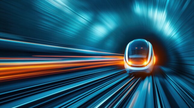 hyperloop train travelling at high speed through a tunnel Hyperloop train hurtling through a brightly lit tunnel, creating a sense of speed and futuristic travel.