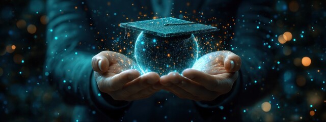 Businessman in Futuristic City Holding Holographic Graduation Cap for Online Education Training and E-Learning in Digital Skill Development